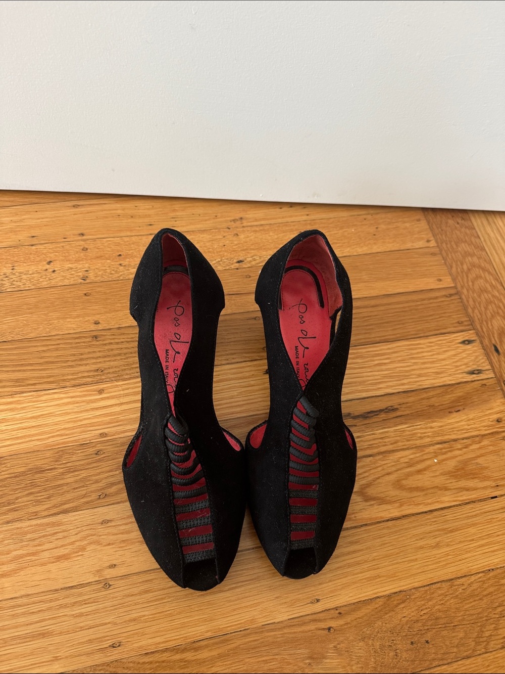 Pas de Rouge Black Peep-Toe Heels with Red Insole and Accents